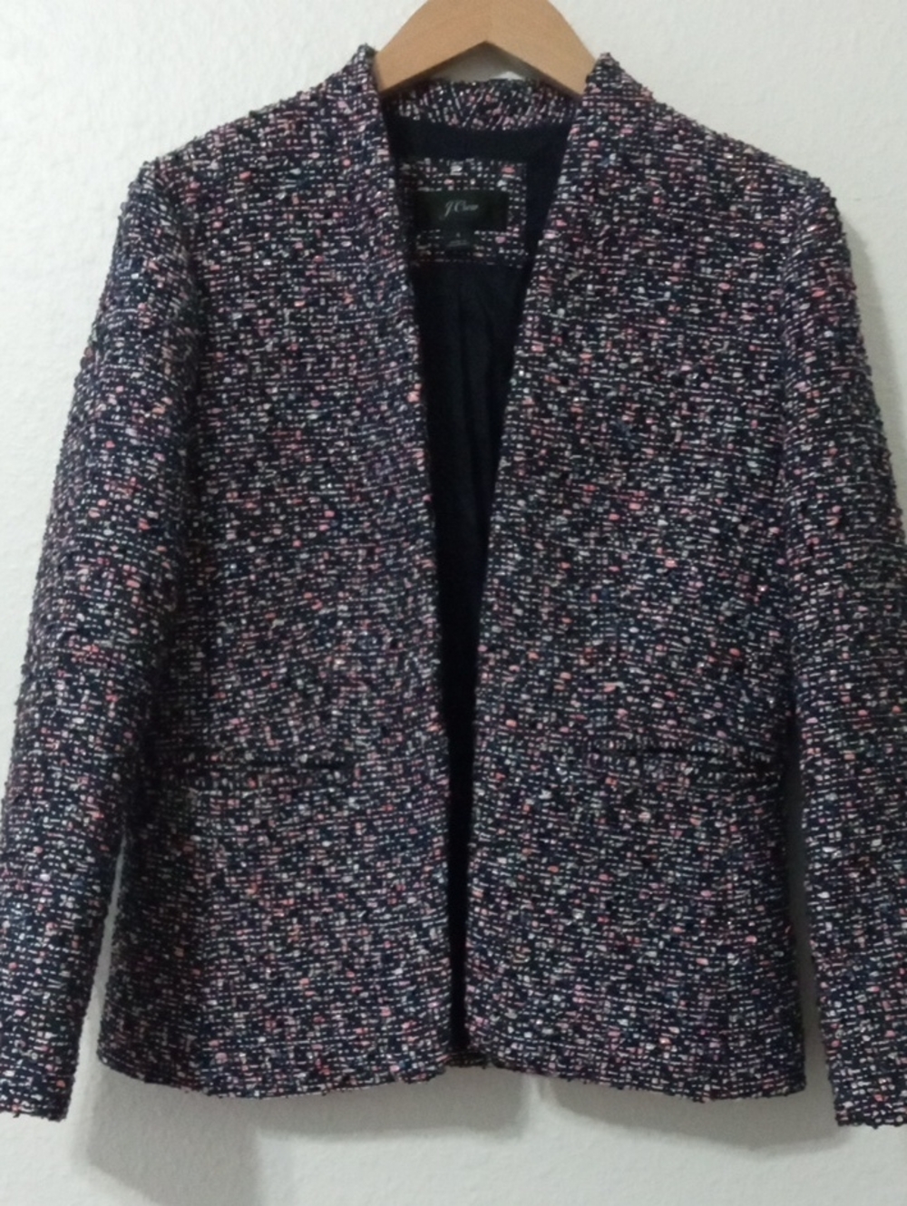 j Crew Structured Tweed Open-Front Jacket in Navy and Pink